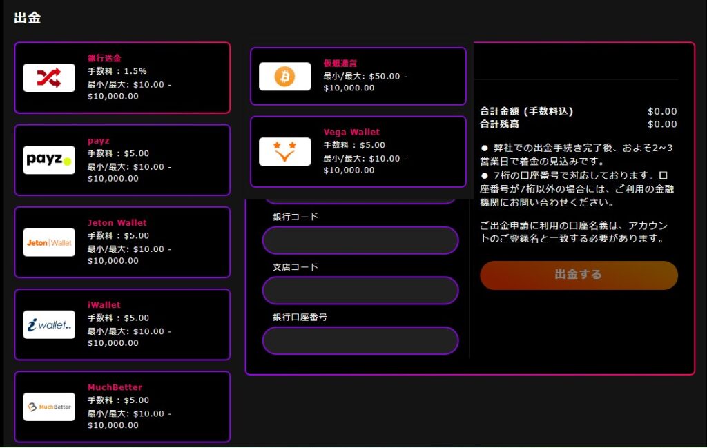 インターカジノの出金手段を選択する