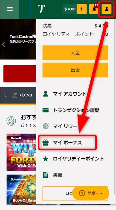 タスクカジノのマイボーナスを開く