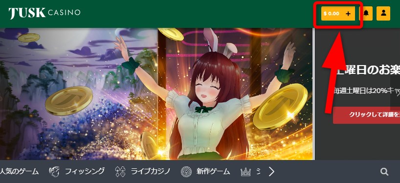 タスクカジノの入金ボタンをクリックする