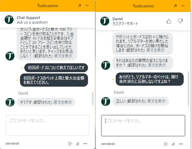 タスクカジノのライブチャットで質問する
