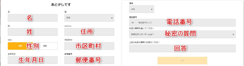 タスクカジノの登録で個人情報を入力する