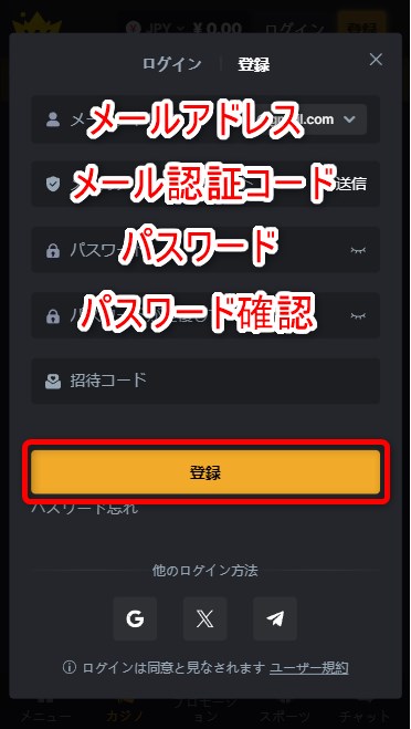ウィントークンズカジノの登録でメールアドレスやパスワードを入力する